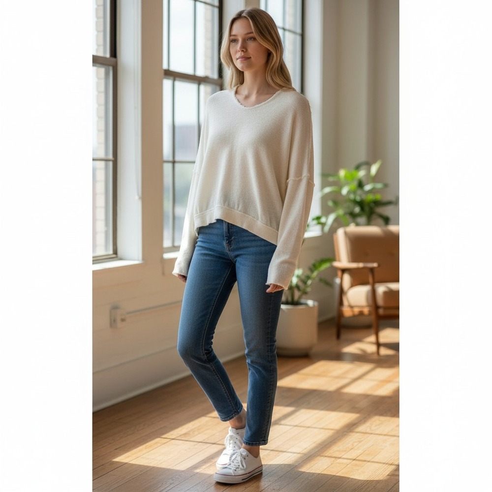 We The Free Womens L/G Cream Cotton Knit Hoodie Pullover Sweater Top Oversize